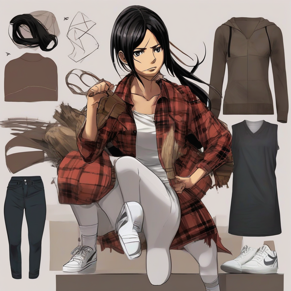 Mikasa_Ackerman_wears_a_plaid_shirt_dress_and_white_sneakers_4.png