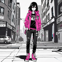 Mikasa_wears_a_black_and_white_graphic_tee_distressed_jeans_and_a_hot_pink_windbreaker_jacket_3_small.png