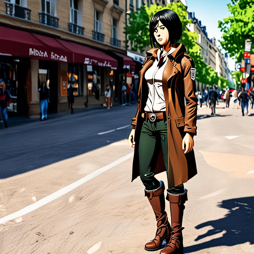 Mikasa_wears_a_Breton_shirt_red_skirt_and_black_boots_in_Paris_1