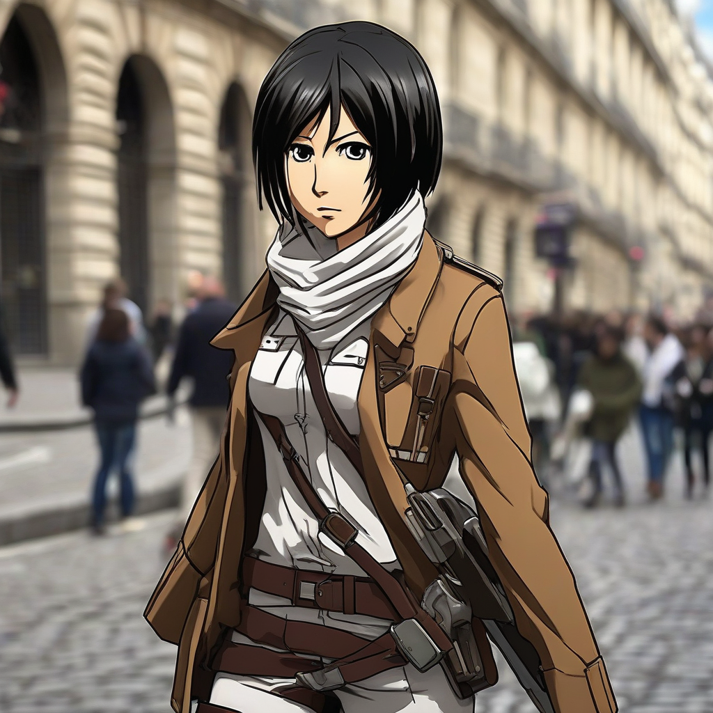 Mikasa_wears_a_Breton_shirt_red_skirt_and_black_boots_in_Paris_2