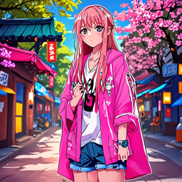 Asuna_wears_a_neon_pink_kimono_with_denim_shorts_and_sneakers_3_small.png
