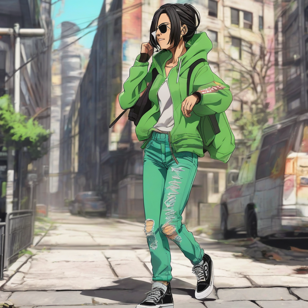 Mikasa_wears_a_neon-green_hoodie_jeans_and_Vans_sneakers_4.png