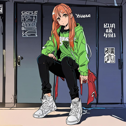 Asuna_Yuuki_wears_a_black_graphic_t-shirt_neon_green_hoodie_distressed_denim_jeans_and_Vans_sneakers_3_small.png